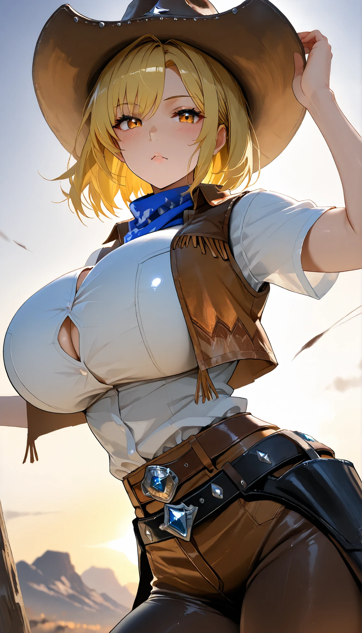 UHD, (A female with blonde hair),Short hair,Perfect body,medium oppai,white short shirt,Cowboy Vest,scarf,Western US, western cowboy costume, Cowboy hat,outdoor,Open Pose, ultra-detailed, masterpiece, best quality, solo, upper focus, chiaroscuro,atmospheric,(Cowboy shot),(Close-up),first-person view, tachi-e,(Look at the viewers),(((Hbig bosom)))