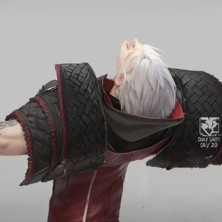 ((best quality)), ((masterpiece)), (detailed), ultra detailed, close up, low contrast, PepePunchMeme, Dante Devil May Cry, 1boy smile, ((holding sword)),(loose white hair), blurry background, roots, rocks