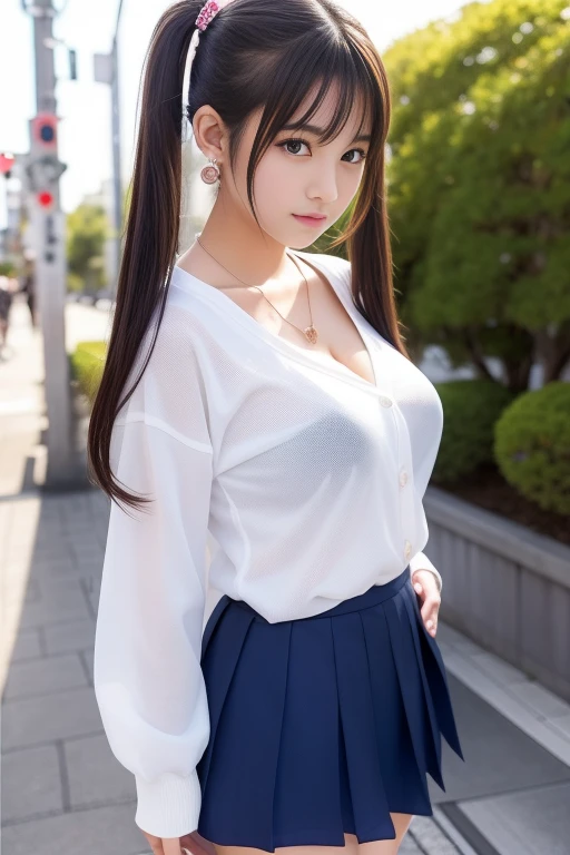 Girl in uniform cardigan posing in photo with emphasis on breasts, Two beautiful Japan girls、 14years、Big breasts that are about to burst、Stand in front of a small restaurant in a back alley、Underwear always sticks out、Sexy Girl, gorgeous japanese model, long twintail、Pose like a junior high school student、Diamond necklace、耳环、Lovely woman, goddess of Japan, Gorgeous young Japan woman, a japanese girl, Japan girls, beautiful sexy woman photo, beautiful goddess, Beautiful Japan junior high school student, Phenomenally cute、Inviting eyes、I embarrassingly invite you inside、
