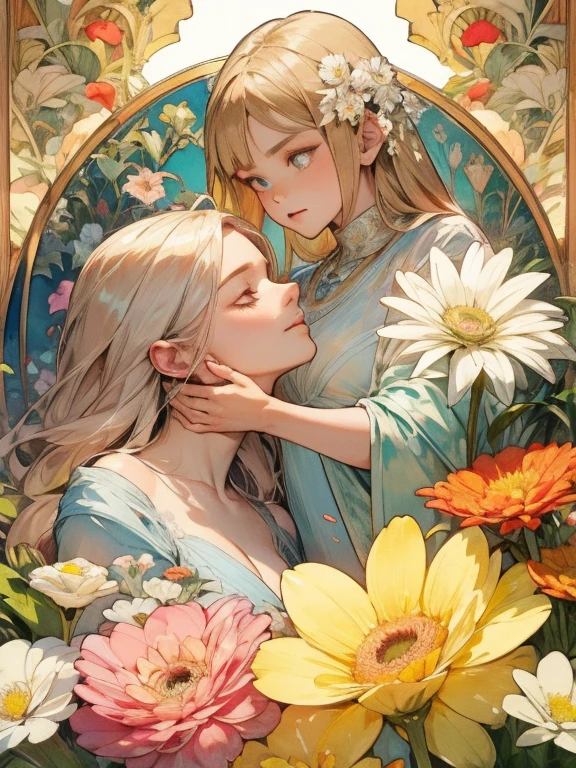 Depicts a beautiful woman with flowers in her hair、Highly detailed watercolor painting, The style of Alfons Maria Mucha and Gustav Kirmut, Art Nouveau accents, Fairy Princess, Anthropomorphic woman, Female figure, detailedな表紙アートワーク, As the Flower Goddess, Alphonse Mucha, Gustav Klimt, Pale skin, Marble sculpture, society, Gothic art, Art Nouveau, Behance Contest Winner, Cleavage,(masterpiece) (Highest quality) (detailed) (8K) (High resolution) (wallpaper) (Cinema Lighting) (Sharp focus)