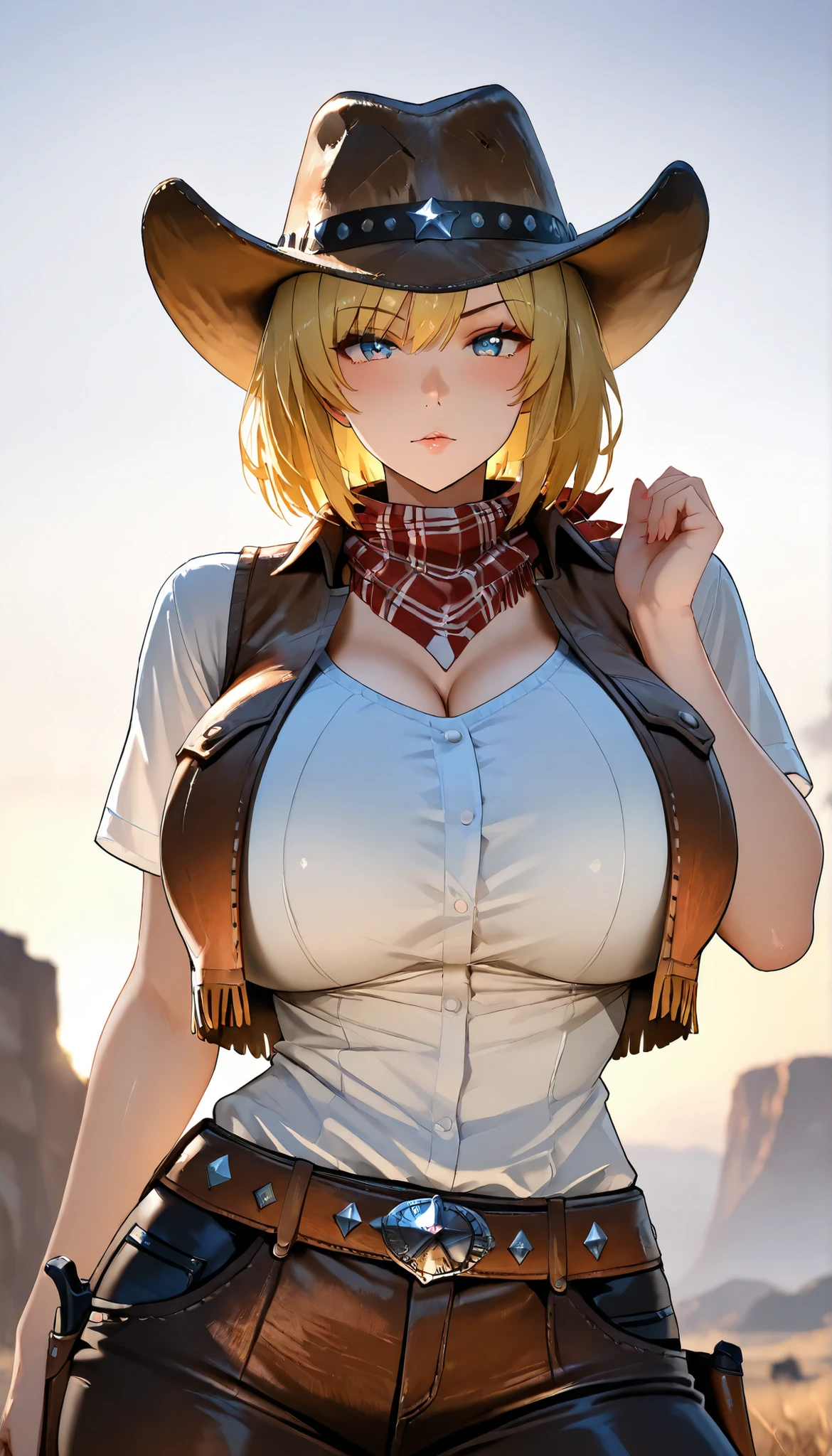 Girl, cowboy hat, cowboy clothes, checkered shirt, smile, blue eyes, blond and straight and long hair, big breasts, standing in wild west town in the dessert, pistol in holster, hands on breasts, huge breasts