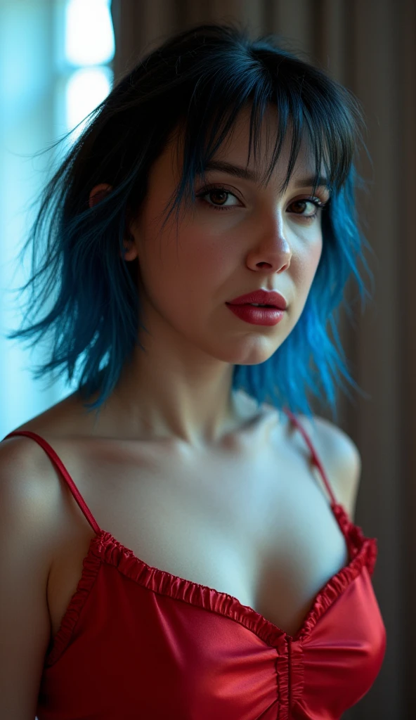 A girl with bright blue hair that cascades over her shoulders. very sexy green eyes