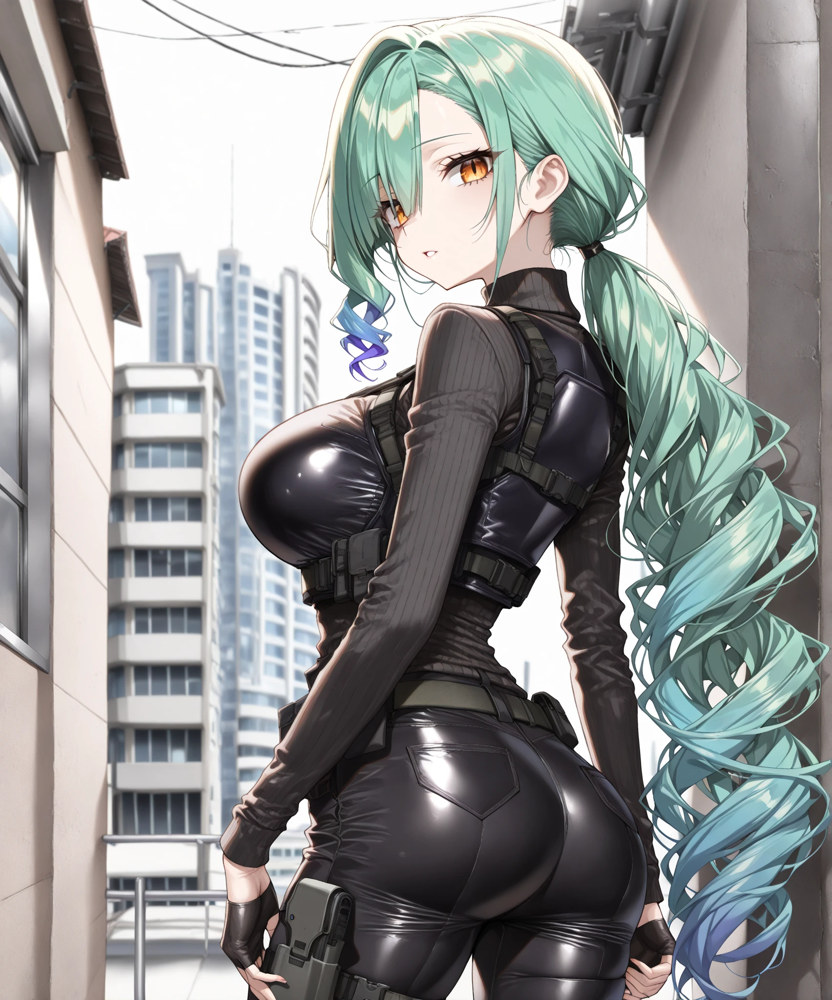 Young female, giantess (15ft 6in height), curvy body, DDD size breasts, dark green hair in two high buns, light blue eyes with designs, beautiful, vertical labret piercing, wearing comfortable tactical style clothes.