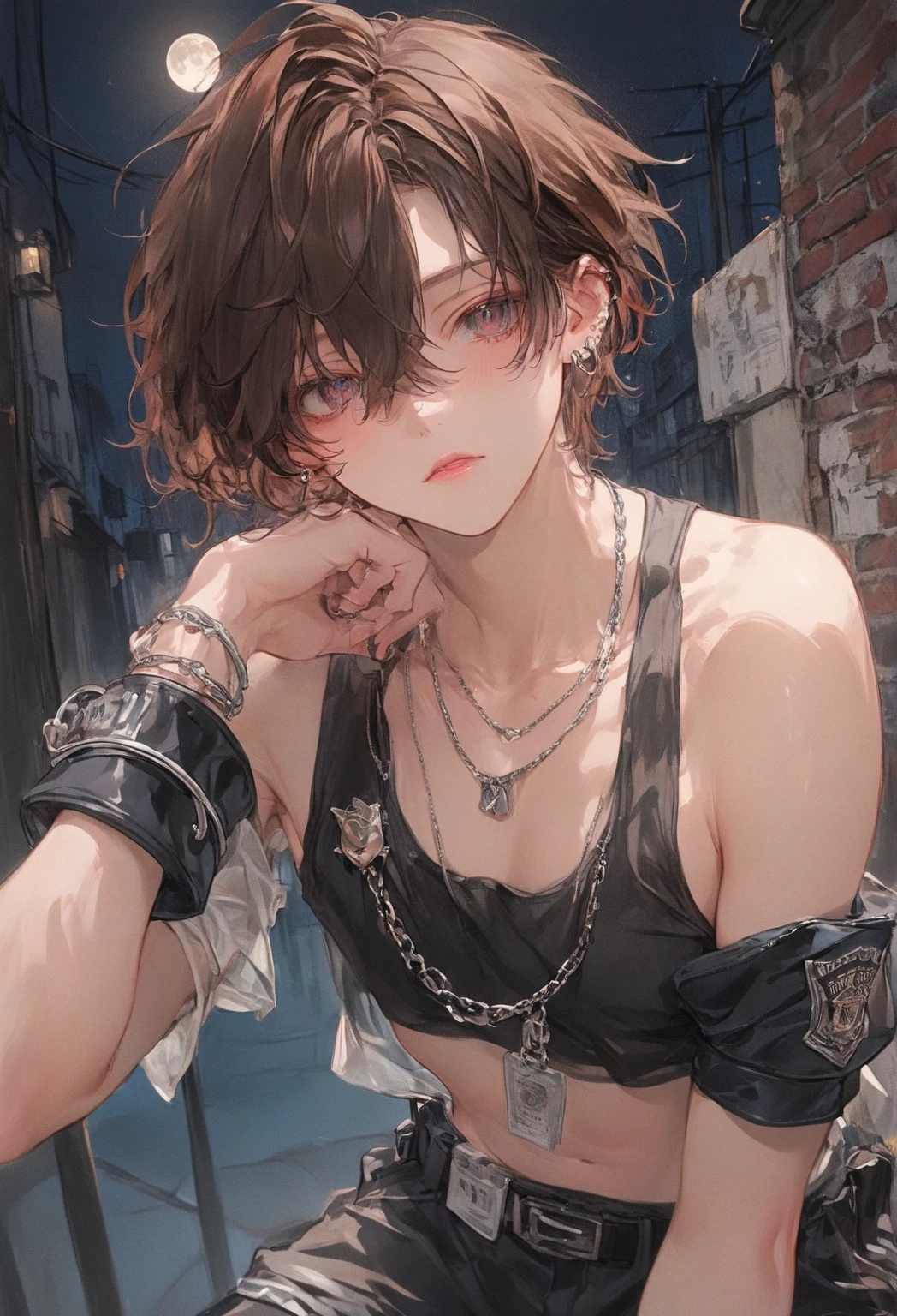 I have the image of an RPG character who has short messy blonde hair, golden eyes , a thin silver chain necklace with a silver scale pendant, a medieval black cloth outfit, a red cloth tied around the waist, some black bracelets have a very serene appearance and that of someone good who keeps secrets. A 17 year old from the medieval era of Arton rpg from Tormenta 20 digital art, one men
