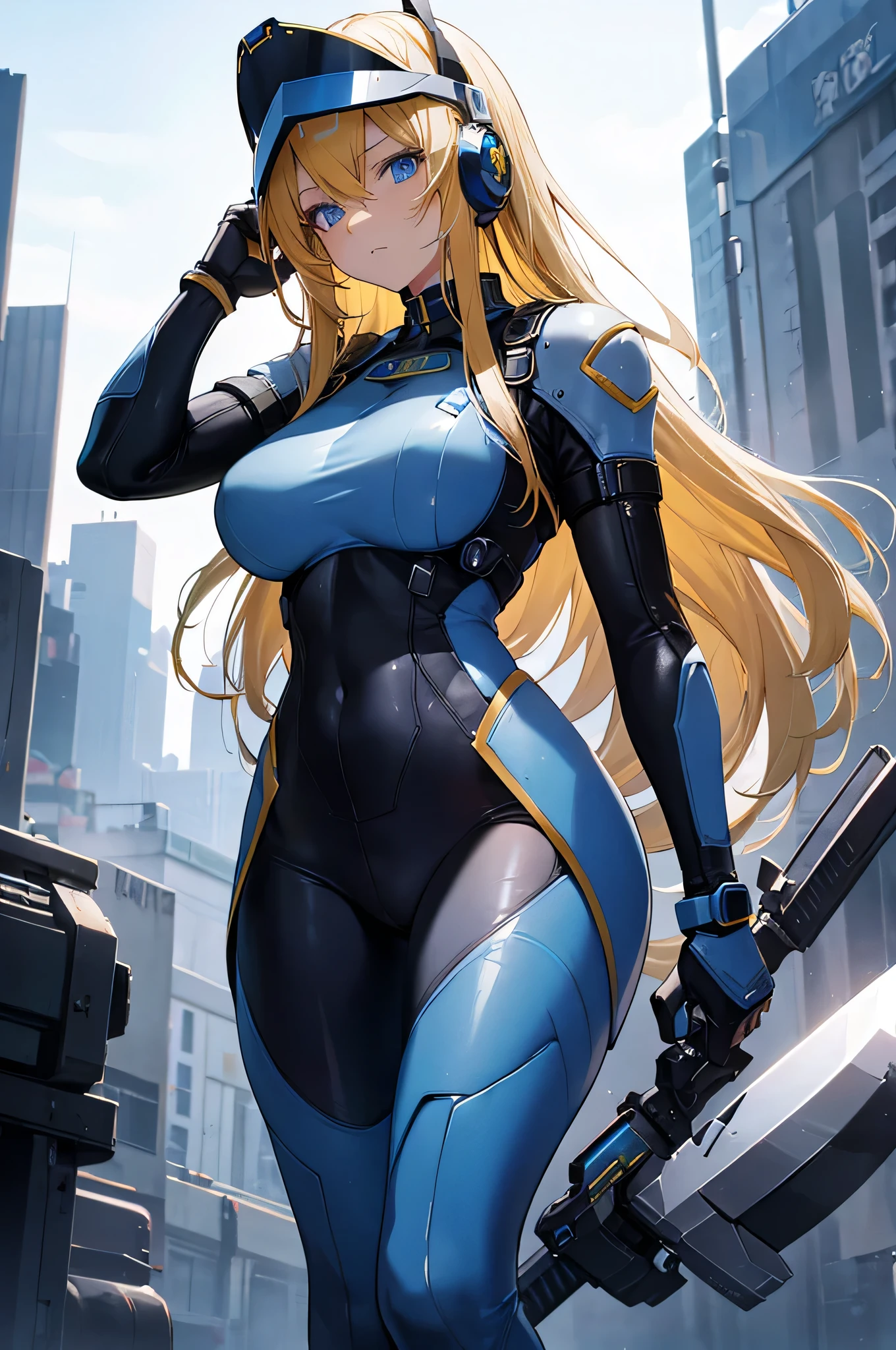 irisdina Bernhard, 1girl, solo, masterpiece, best quality, looking at viewer, fortified suit, adjusting hair, surprised, <lora:Irisdina_Bernhard:0.7>