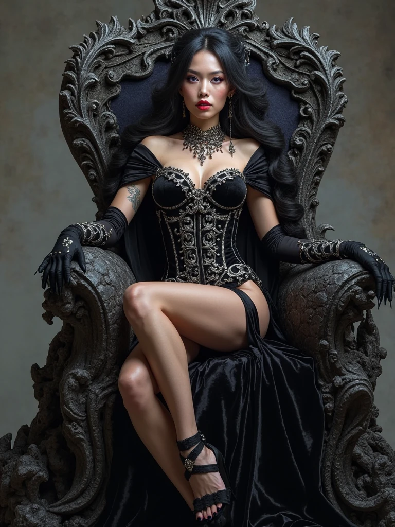 A beautiful woman sitting on throne, throne made from skulls, masterpiece, best quality, realistic, super detailed, 8k