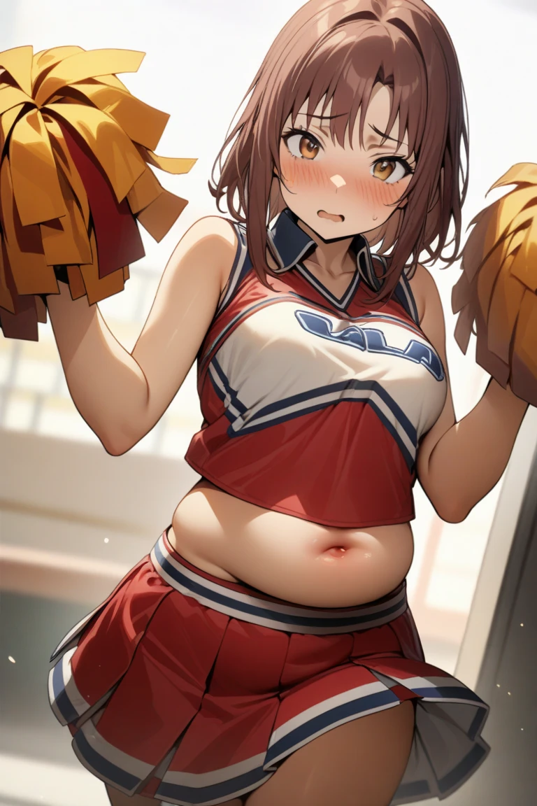 ((Highest quality, High resolution,  Perfect Pixel,  4K)),  (Beautiful Anime), Depth of written boundary、
Watching the audience, 
Perfect body, 

yuigahama yui, (Big Breasts:1.1)、 short hair, Single hair bun、


(cheerleader, pom pom \(cheerleading\), pleated skirt:1.3), 

(blush、Sweat:1.5)、belly button、

View your viewers, From below, 
indoor、Hotel、

throw, on, Straddle, Sex,