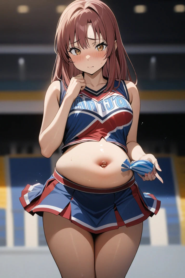 1 woman, skirts, (show off g-string detailed pantie), (hands skirt lift), from front, cowboy shot, BREAK annoyed,shoot from below,Cheerleader,baseball Ground