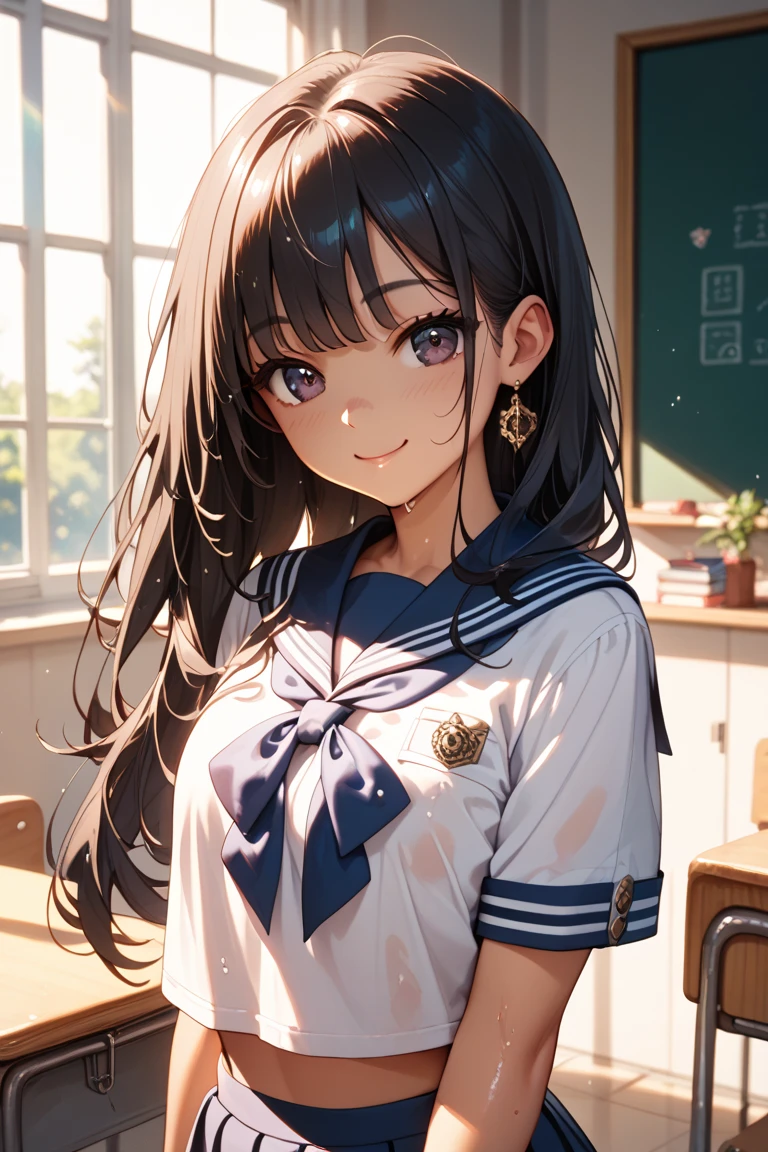 (highest quality:1.2, Very detailed, Latest, Vibrant, Ultra-high resolution, High Contrast, masterpiece:1.2, highest quality, Best aesthetics), (((1 girl))), Brown haired girl, Brown eyes, Shy blush, Sailor suit, Pleated skirt, Hands behind head, Sit down, Strike a Pose, photo shoot, School classroom, Sharp focus, Gazing Eyes, Beautiful Skin, Shiny skin, Perfect Fingers, Five Fingers, Anatomically correct, Background Blur.
