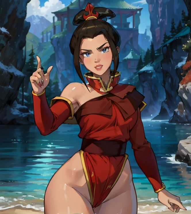 Beautiful, Masterpiece, Best Quality, extremely detailed face, perfect  lighting, Cowboy shot, 1girl, Azula, the perfect body, taut clothes, seductive, pomade, makeup, looking a viewer, wide thighs, Очень детализированное Beautiful лицо и глаза, Beautiful skin, Wet, blushful, Sun light, Average Breasts, Athletic hips, trembling, heavy breathing, view from bottom, focus on legs,