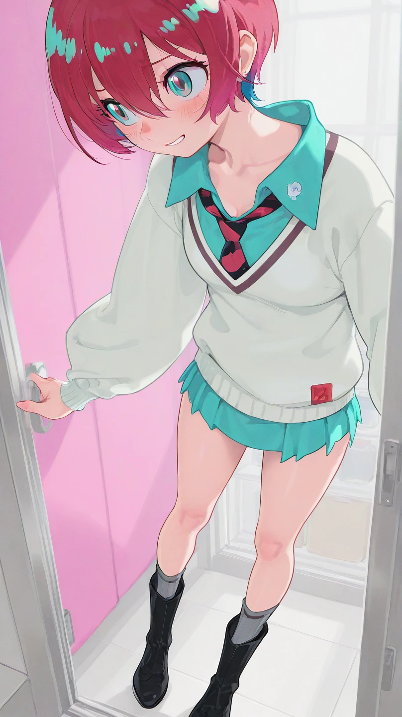 masterpiece, best quality, pretty teenager girl, aquamarie eyes, (black hair), long hair, casual clothes, pink pants, thin, ((full body scene)), pretty girl, (medium-breasts:1.5), ((mid chest)), standing, highschool scenario, (Ultra High Resolution: 1.2), (RAW Photo: 1.2)