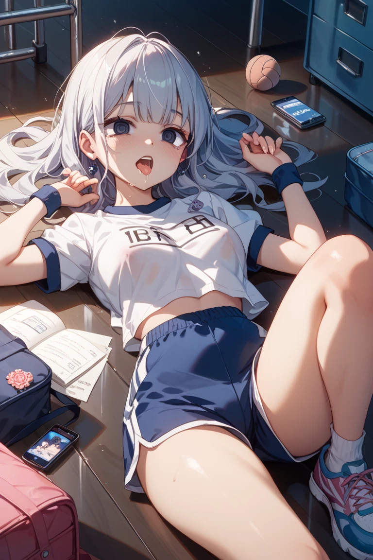 14 years old, school girl, sports bra, short , ponytail, fit clothes, red eyes, silver hair, camel toe,Lying with legs spread, Translucent dress,