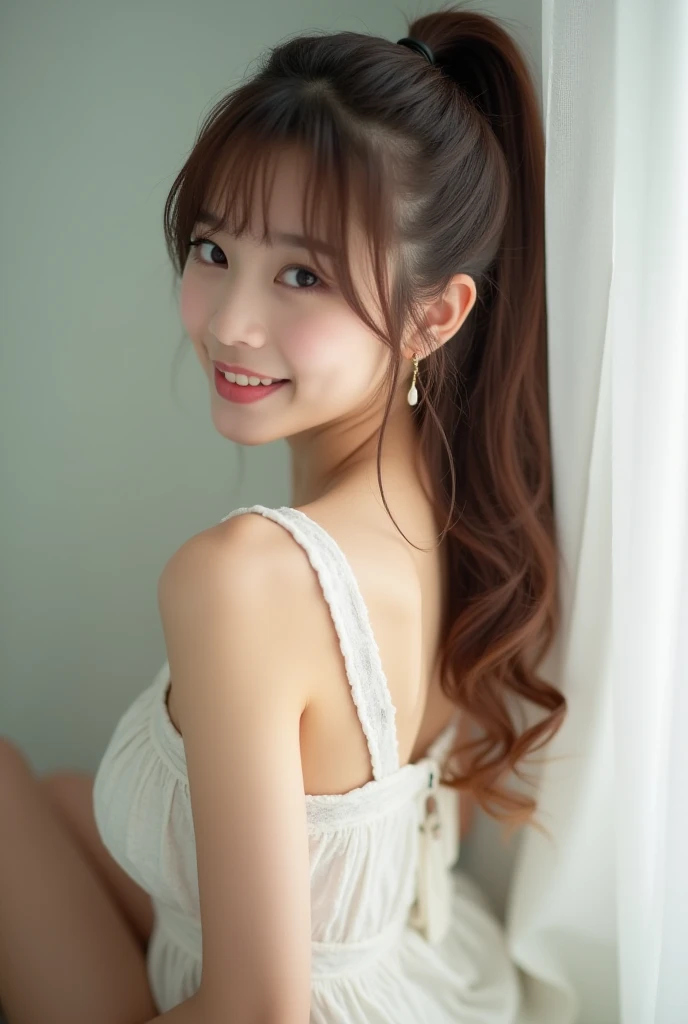 (Highest quality, masterpiece:1.2), Ultra-high resolution、One person、,Images with high exposure potential、stand., rest、Daytime、,Highly offensive underwear、 White bra、Something is wrong、, Very detailed, Realistic, P金traiture, Bright col金s, Fine sentences、Wavy Hair、Black Hair、bangs、One is a ponytail、Or pigtails、Nogizaka Idol、A little blush、Beautiful and kind eyes、Strong smile、Open your mouth、Proactively、classroom、'you'、Embarrassment is a good thing、Powerful and sexy。A Little Prayer、、Baby Face、Childish、relax、Take off your clothes and put on your underwear