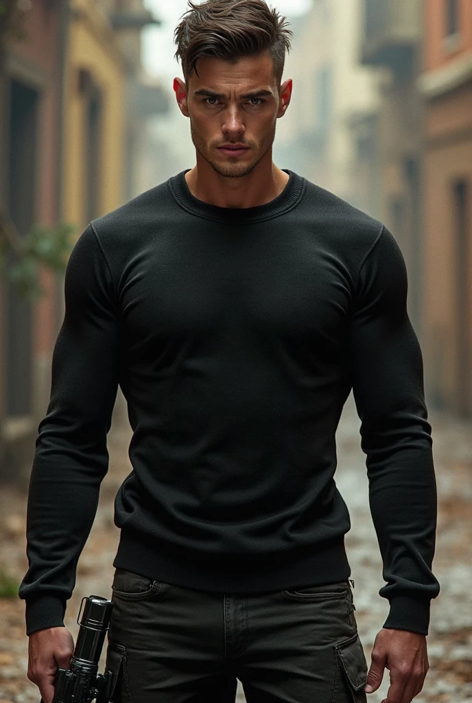(obra maestra, Mejor calidad, Ultra_detallado, high resolution) (detallado shadow) (Luz de calidad) (Realista) 1 (adulto) man wearing a black sweater while sitting, hombre guapo, pelo negro corto (agreed back), ojos negros (ojos malvados, cansado, ojeras), cool expression, dark atmosphere, hombre atractivo, hombre caliente, mentor, peligroso, hombre hijo de ????, evil expression, estilo gangster, retrato