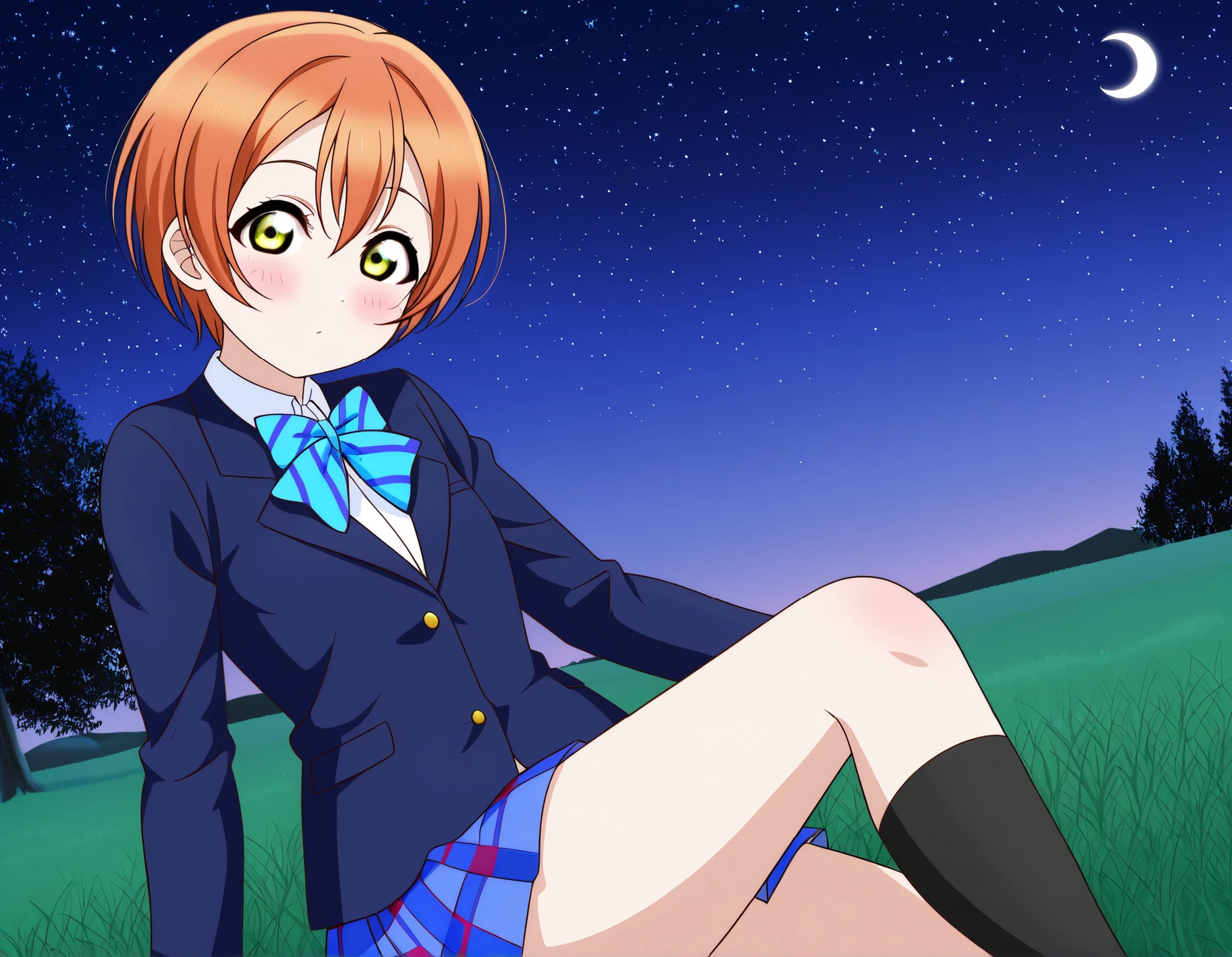1girl, hoshizora rin, striped, short hair, blush, otonokizaka school uniform, lovelive_rin black blazer, blue plaid skirt, blue stripe bowtie, orange hair, very short hair, hair between eyes, yellow green eyes,knee up,crescent moon, stars (sky),looking at viewer,outdoors, sky,grass,tree,