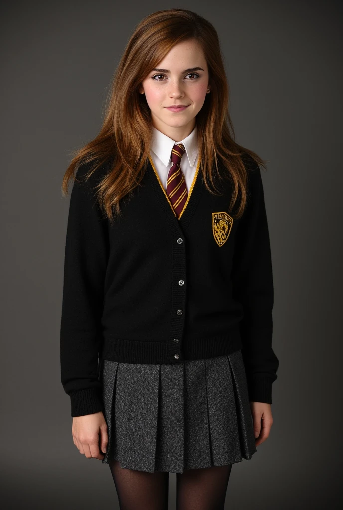 Realistic portrait, photography, low quality camera, Hermione Granger, teenage girl, Hogwarts uniform, skirt, dark grey socks, loafer shoes, full body view, standing straight