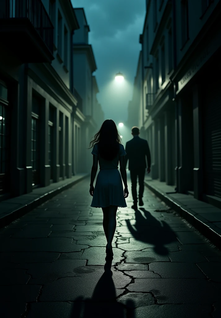 A woman walking alone on a dark and deserted street in the city of La Paz... (Bolivia). She turns around and sees a shadow of a man. Now mainly do a close-up of his running feet reflecting the urgency of the situation
