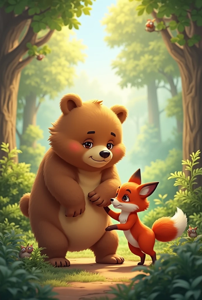 The forest scene showing Bear and Squirrel happily interacting, with a sense of harmony and togetherness.