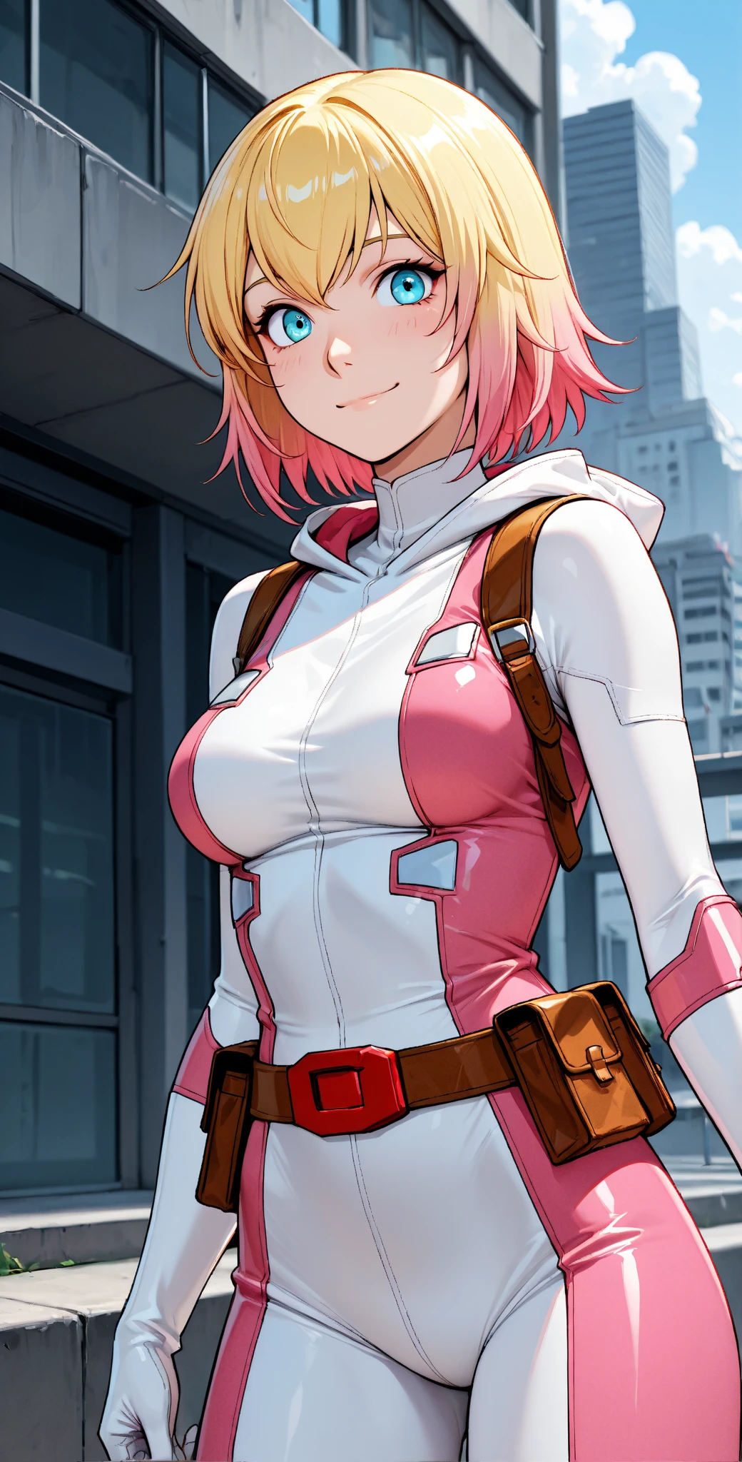 High detailed, 1 japanese girl, solo, peach-pink colored hair, green eyes, busty, chunky, pilot bodysuit, serious expression, expressive eyes, finger-gloves
