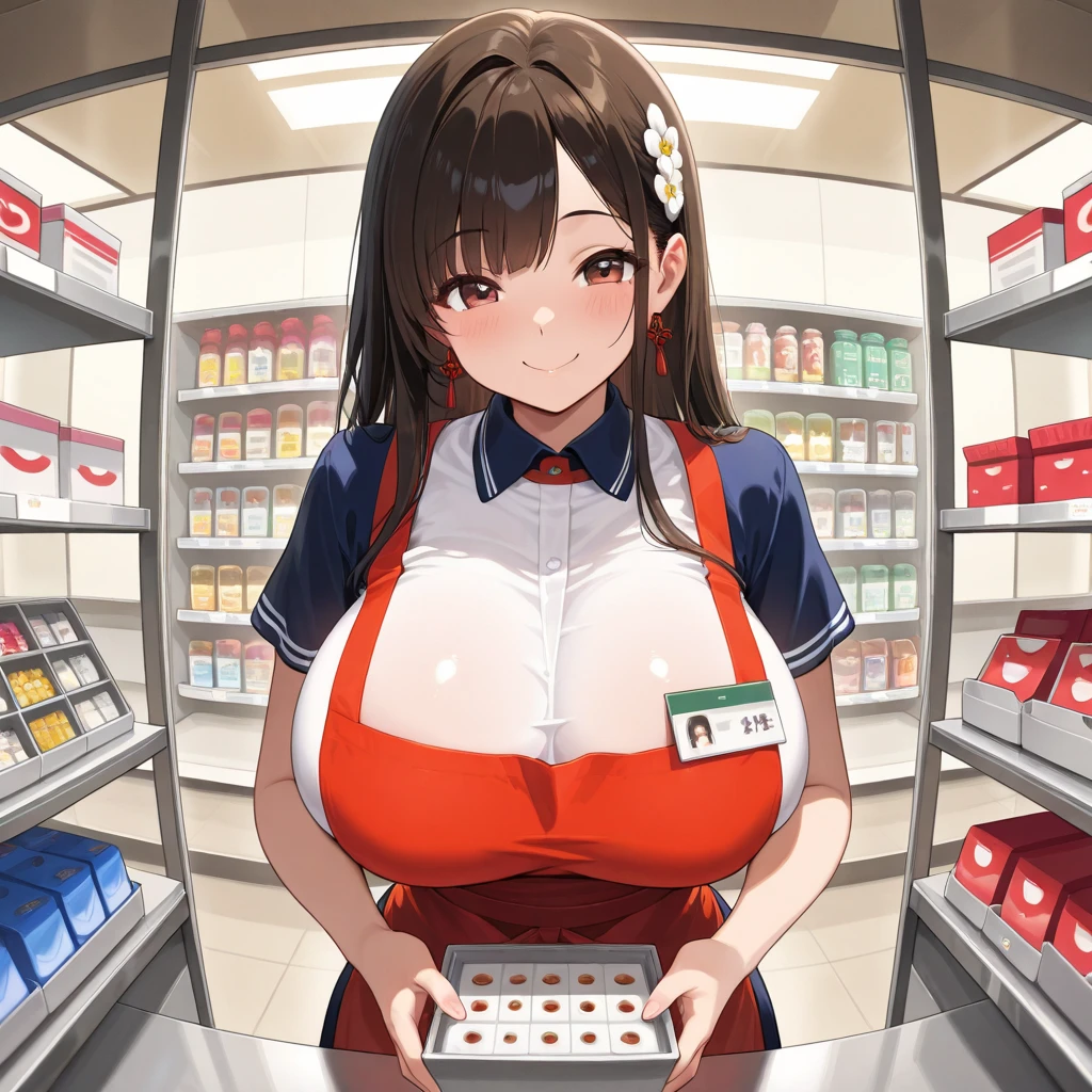 convenience store、Beauty、clerk、uniform、Cashier、working the cash register、camel toe、huge tit、Nipple Puffs、cleavage、Plump、Super big breasts、super big butt