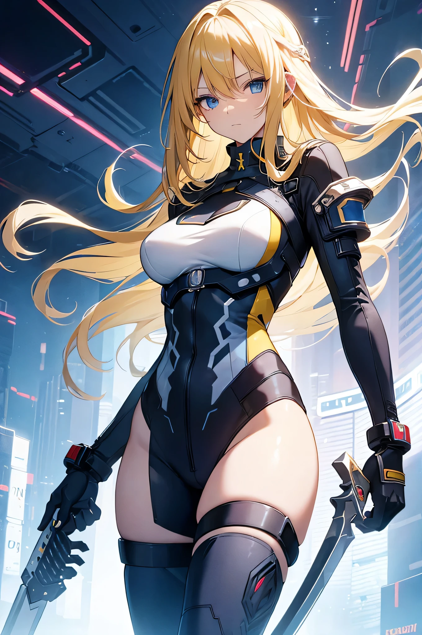最high quality、best image quality、masterpiece、Android Girl((Robot body、20-year-old、 By becoming、vest bust、medium bust,wide open breast tea、black eye, blonde hair、long hair、thin,highest valley、glowing battle uniform、elationのある動き、fighting pose、Feeling of sprinting)),high quality、beautiful art、background((In the airport))、debris flies、Depth of written boundary、movie、visual art、perfect art、8K,genuine、elation、Dynamic expression(1:1)、elation(2:3)