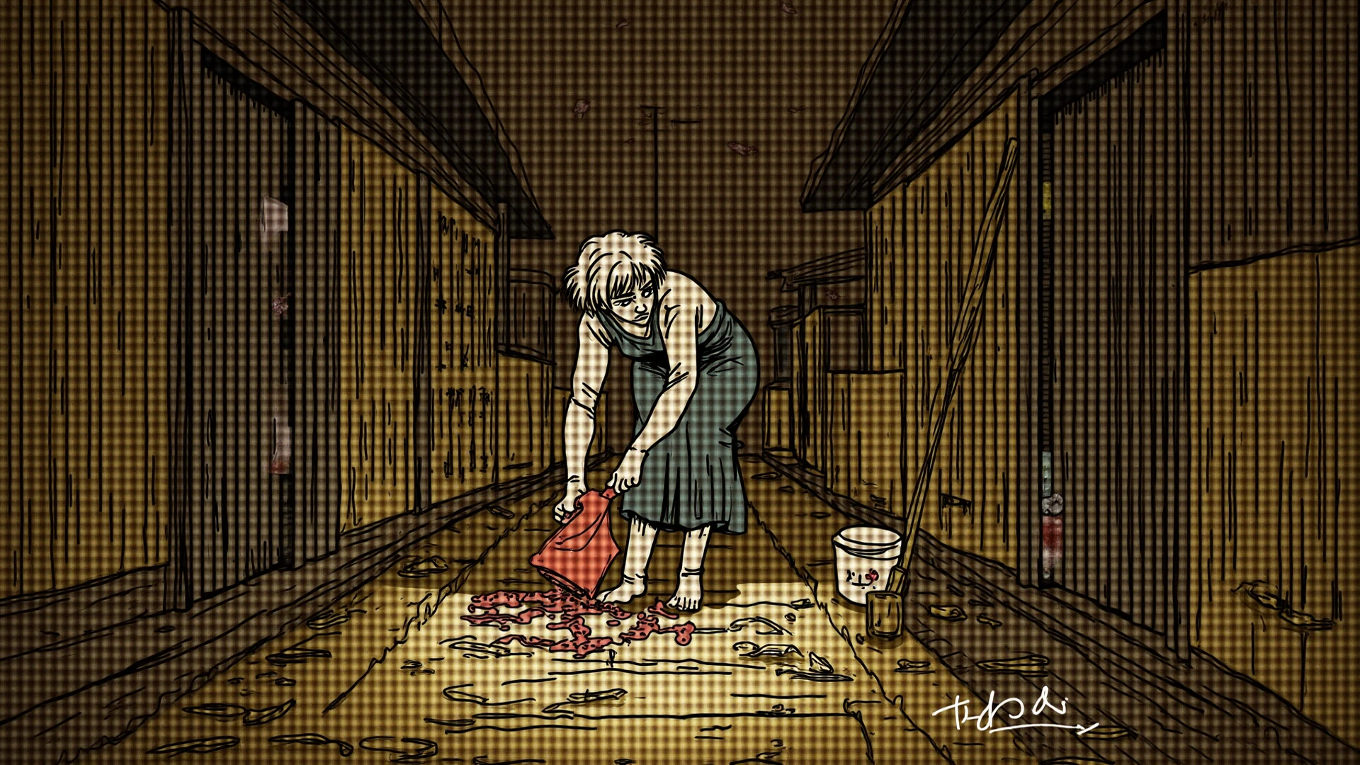 nsfw, (front view, mature female, all four on ground, wooden ground, full body shot, slim body, small-medium breast, water drop on floor, beautiful clear eyes, black eyes, detailed face, rounded eyes, teary-eyes, sad face, opened mouth, drooling, open cloth, torn cloth, erect nipple, lifted up black bra:1.0), (teacher, White blouse), (lifted up pink pencil skirt, torn beige Pantyhose, pink high heels:1.2), straight long hair, bang, black Hair, (one fat ugly male garbageman, doggy-style sex, hard sex, motion lines, her head down on floor, her hip up, sweat, the guy hug her from behind), Wooden wall background