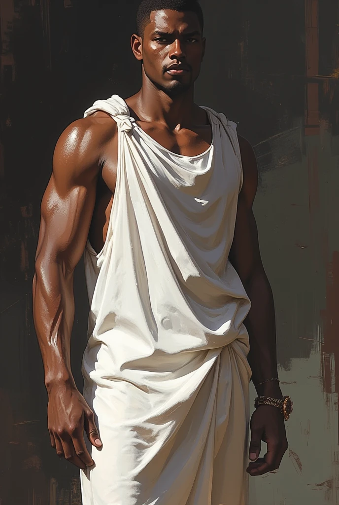 A priest, 25 years old, tall, 195 cm, black skinned, with a round face, short white hair, yellow eyes, and a body like the whole body, penetrating his flat, broad chest and the sculpture of the sides of his body, which narrows as it heads towards the waist, embroidered with lines of various muscles until it reaches a slender waist, and the features of his body appear, starting from the muscles of the shoulders and under the armpits, with the abdominal muscles and their flatness, and the muscles of his thighs, which are shaped in a way that is consistent with the sculpture of his body, and he wears a transparent white Greek phrase that covers his naked body and stands at the entrance door of the temple