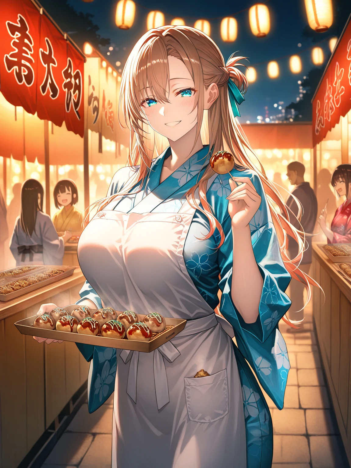 ((One woman)), Beautiful Face,Happy and joyful,Blushing,Laughing with your mouth open,Glossy Lips,Abstract, night,Shrine festival stalls, ((Anime style background)),masterpiece, highest quality, so beautiful, up to date, Complex details, (Pink long nails),AI-generated, Complex,High resolution, highest quality, super high quality,3D Images、View the viewers、3D Images,one person,Long Blonde Hair,(Hair with dark hairline),High Ponytail,blue eyes,Anime woman posing for a photo, [[Fine grain、Colorful eyes、Shining Eyes:1.15]],(Squint your eyes:1.1),a hyperRealistic , hyperRealistic , Realistic , Blonde anime woman with long hair, Smooth anime CG art, A woman in a gorgeous kimono with gold embroidery, Black kimono,Pink floral pattern,Floral long hair ornament,Earrings,(Large :1.4),Mature all,Big Ass,Fine deta,Trained abdominal muscles,(A woman dressed in a colorful yukata is focused on scooping goldfish at a festival booth. She uses a delicate paper scoop, trying carefully to catch the fish. Colorful lanterns hang above the booth),Make the goldfish smaller