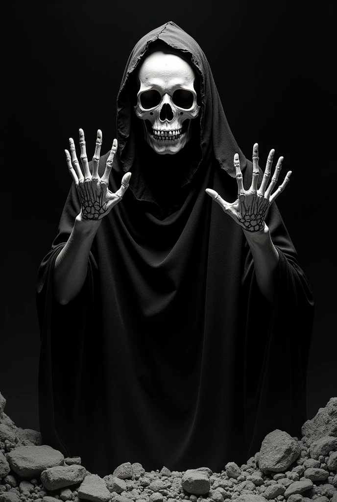 Skeleton holding hands in a cult-like robe, with a chain around his hand. Medium close-up shot, black tone, dark background, aspect ratio 1.:1