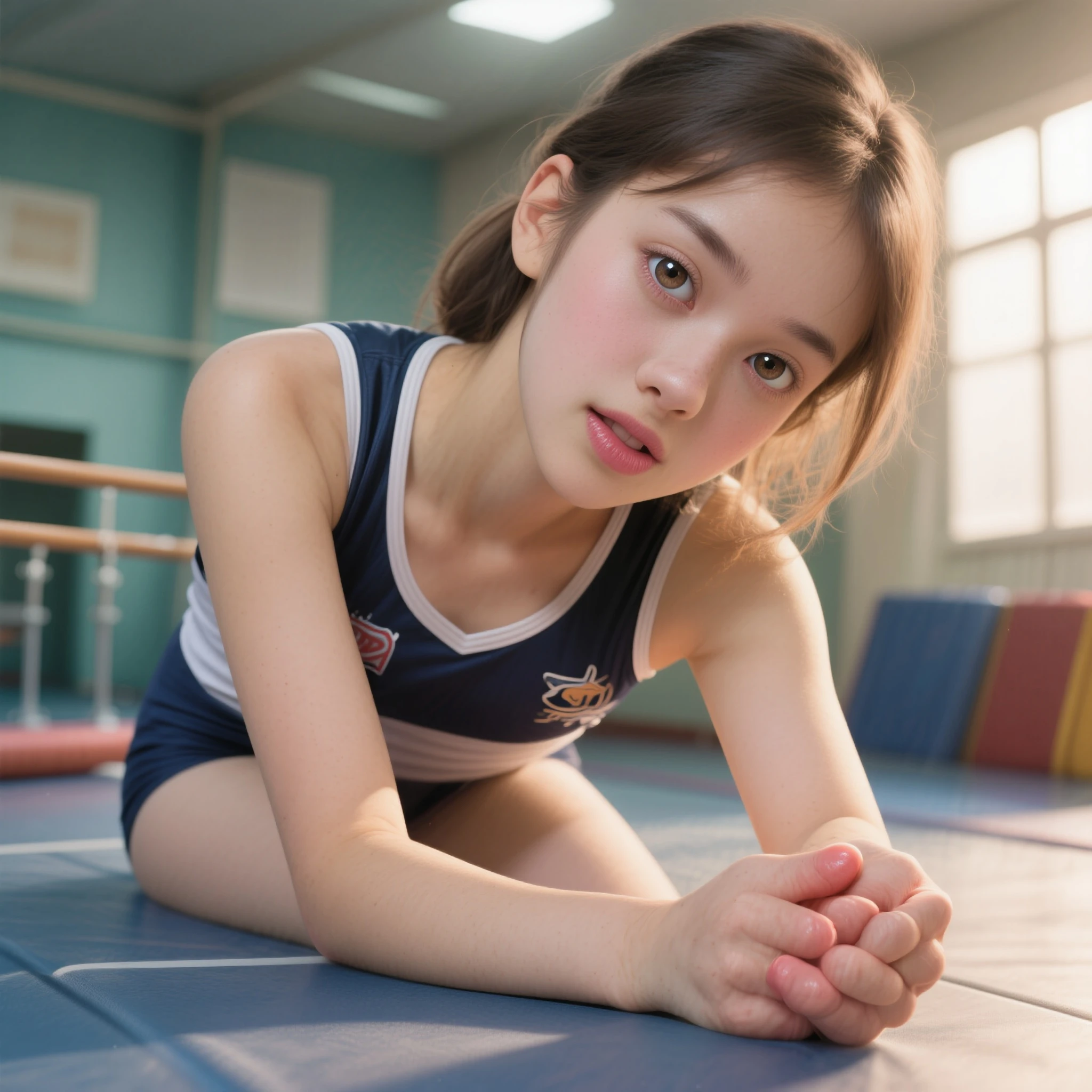 (Realisticな, photo-Realisticな:1.37),(8K, RAW Photos, 最high quality, masterpiece:1.2), Ultra-detailed, 超High resolution, Kodak Vision Color, Filmed with an Arricam LT camera,最high quality, Lively, 8K, High resolution, 1 female, Japanese、Escape, (Professional Lighting), (Portraiture:0.6), Black Hair, (Medium Hair),23 years old、(masterpiece), (Very complicated:1.3), (Realistic),high quality,High resolution,16K,Sharp Lines,One girl,女子Gymnastics選手 ,Cute face, Middle chest, Beautiful legs,Gymnastics会場で,Focus Girl,Beautiful face in every detail,Detailed clothing,Beautiful Eyes,nice,Dynamic Angle、新Gymnasticsの選手、Bun Head、Playing iron bars、Gymnastics、Desperate look、
