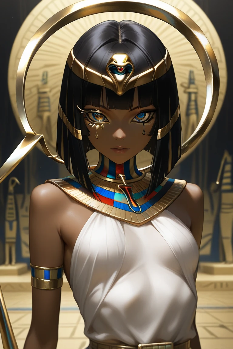 score_9, score_8_up, score_7_up,1girl, very tall girl, muscular body, (((((dark skin))))), perfect beautiful face, long eyelashes, sharp eyes pupils, dark hair, short hair, long legs, medium breasts, egypt headgear, egypt loincloth, sapphire jewel pasties, golden egypt necklace with turquoise jewels, large golden earrings, slim body, slim waist, (outdoors, night, stary sky, abandoned egypt temple,) / standing, seductive face, look at viewer, closeup, cowboy shot