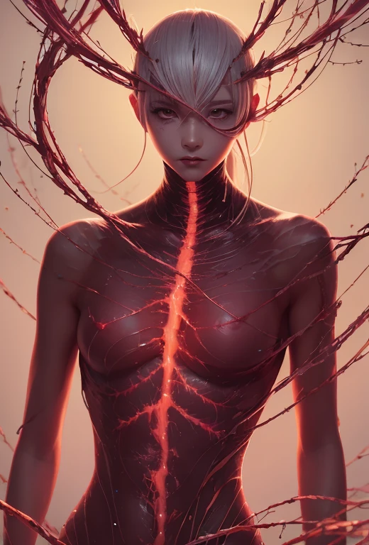 complex 3d render ultra detailed beautiful death angel, biomechanical cyborg, analog 150 mm lens, beautiful natural soft rim light, neon vein, roots, fine foliage lace, colorful details, Boris Bidjan Saberi outfit, pearl earrings, piercing, art nouveau fashion embroidered, intricate details, mesh wire, mandelbrot fractal, facial muscles, cable wires, microchip, badass, hyper realistic, ultra detailed, octane render, volumetric lighting, 8k post-production, red and white with a bit of black, detailled metalic bones, semi human, iridescent colors, Glenn Brown style, futuristic room, power of the god, high-angle shot, complex body poses