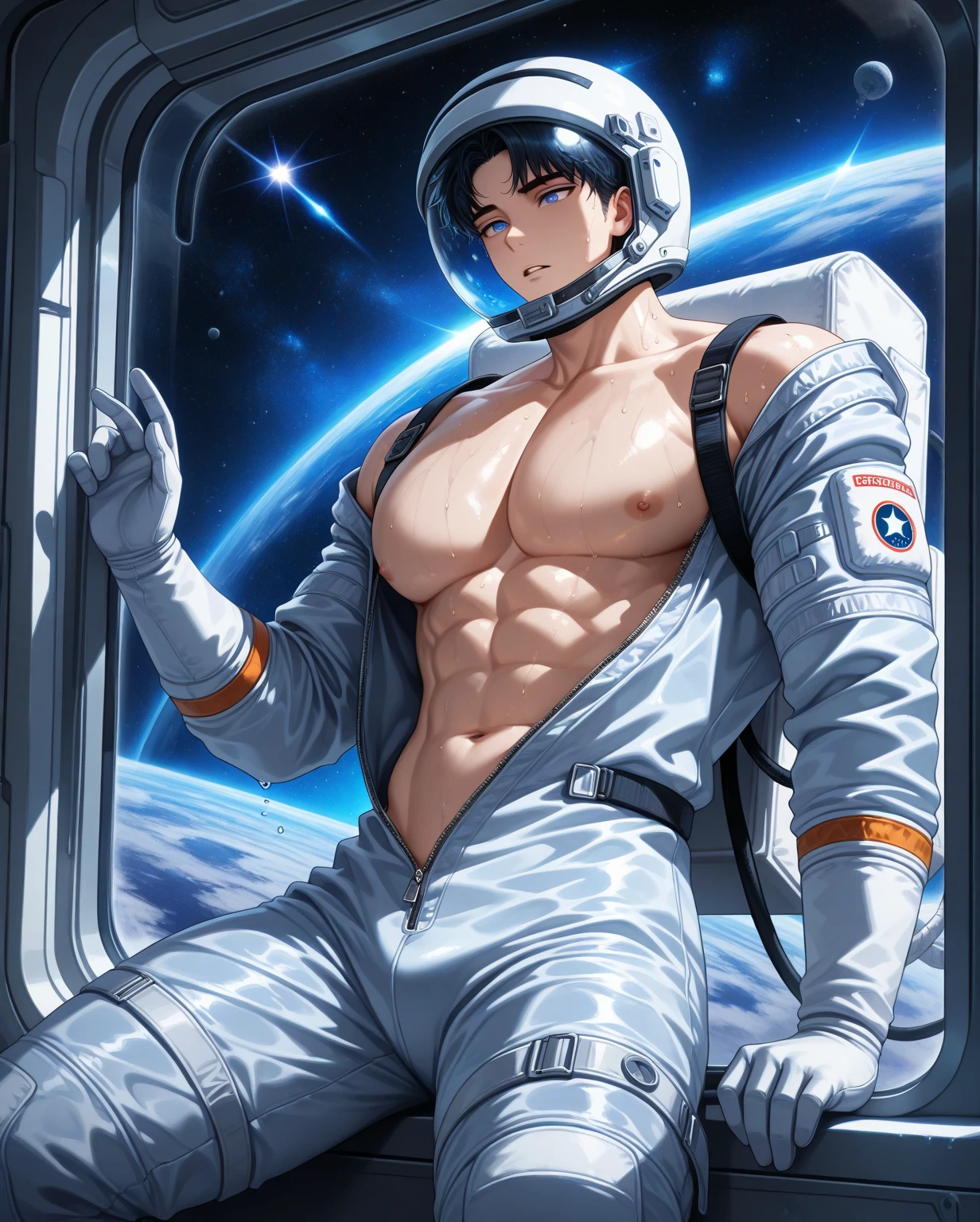 male pilot, (standing close to space battleship), mars landscape, elegant, wearing spacesuit, tight clothes, open clothes, unzipped, blush, masterpiece, best quality, detailed background, depth of field, intricate details, (muscular), (large pectorals), (puffy nipples), naked, correct looking penis, well-shaped penis, smooth penis and balls,