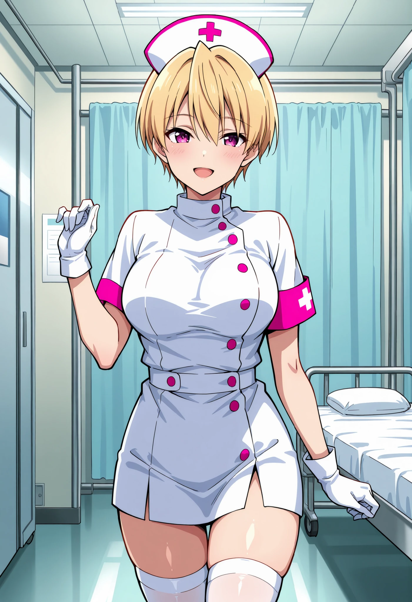 Score_9, score_8_up, score_7_up, source_anime, Haruki Azuma, solo, short hair, blonde hair, shiny hair, hair between eyes, bangs, purple eyes, large breasts, (best quality), (high quality), {masterpiece}, extremely delicate and beautiful, ultra-detailed, beautiful detailed eyes, nurse, nurse hat, ((white nurse's outfit)), white gloves, white thighhighs, hospital room, smile, open mouth, standing