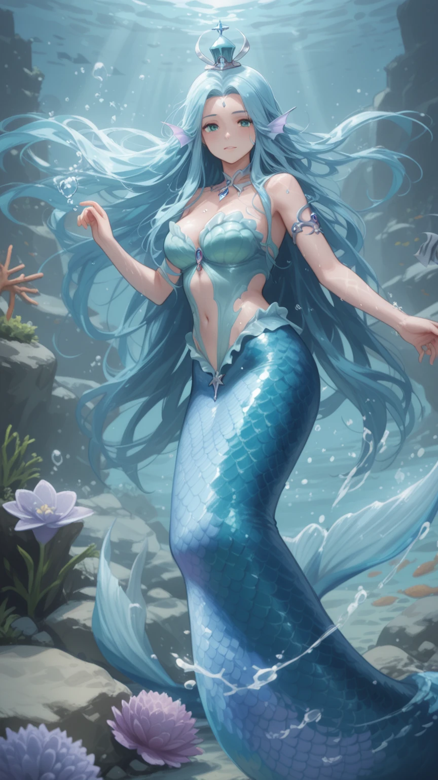A white-haired woman with blue streaks and blue eyes with a blue shark tail anime