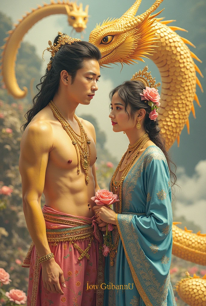 (couple cuddling) rough man Zeus muscles naked, beautiful, sexy, bare breasts, cleavage, bare legs, see-through, standing, hanfu, wet, clear, realistic, highest detail, Chinese mythology, dragon pattern, phoenix, sacred, holy, golden mountains, heavenly palaces, countless palaces, clouds, golden light, golden lotus