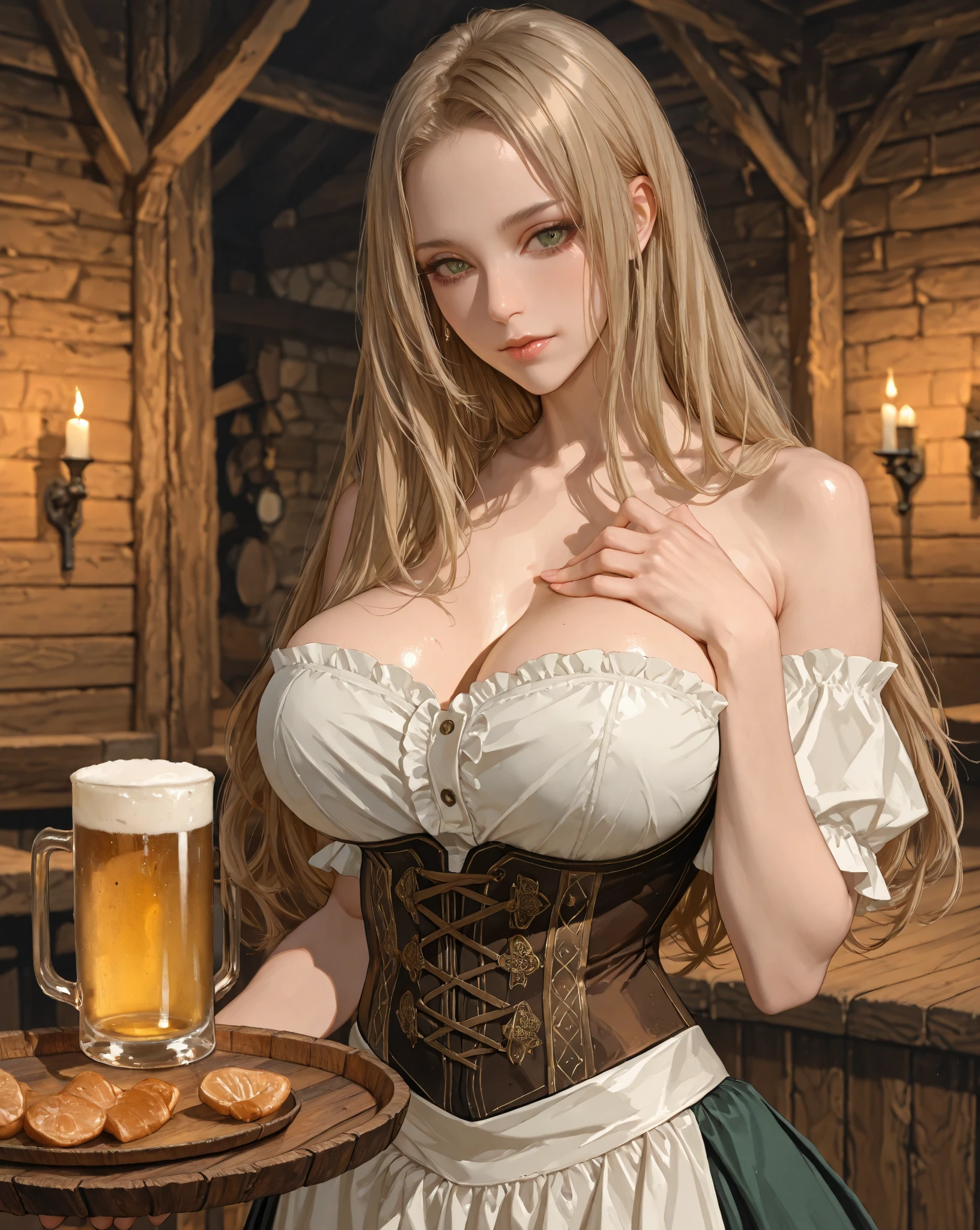 arafed femme pleinement , fille sexy aux yeux marrons, ultra realistic, Meticulously detailed, Portrait de Sophie Mudd, cheveux bruns et grands yeux, selfie d'une jeune femme, Yeux de chambre, violette myers, sans maquillage, maquillage naturel, regarder directement la caméra, visage avec artgram, maquillage subtil, Great look holding a beer glass, dans la chambre, Medium to large bust, de face