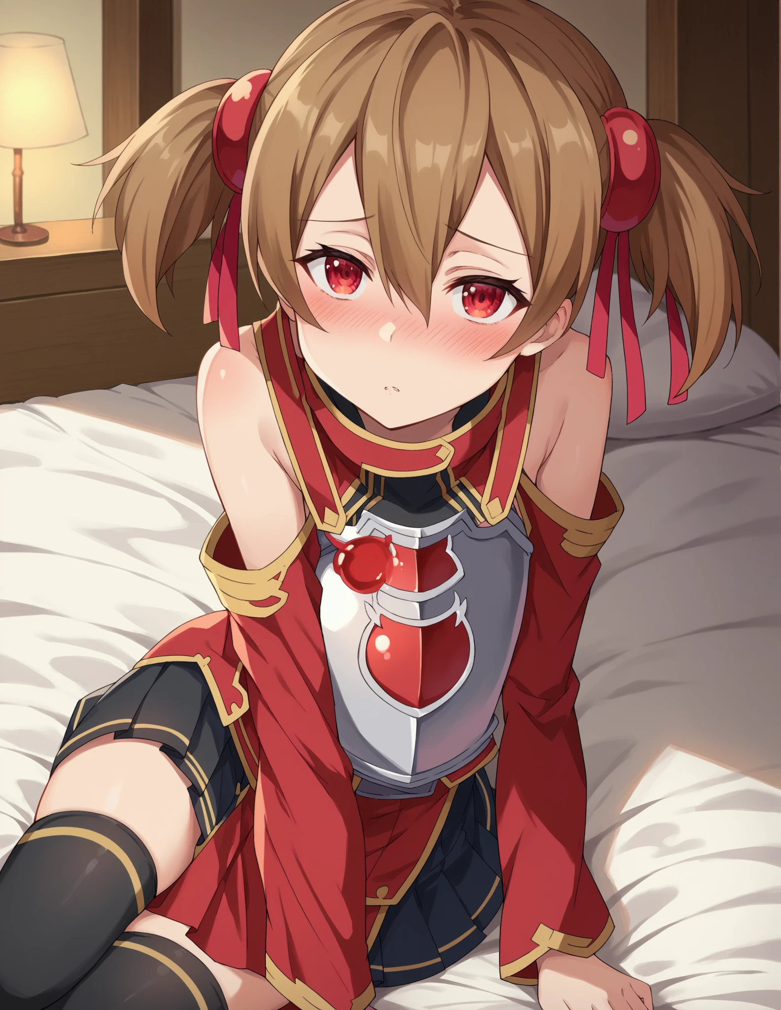 (((Silica - Sword Art Online feels good having sex with a man in the missionary position)))、(((The man spreads her legs apart))、(((Detailed explanation、8K quality、High resolution)))、Blush Spread、((Feeling face))、Curvaceous body, small hard chest ,(((Her breasts, Nipples are exposed)))、(((masterpiece))), (((highest quality))), ((Beautiful and balanced face)), (High-definition CG illustrations), ((Very delicate and beautiful))、 ((bed))、((whole body))、(((Silica - Red outfit from Sword Art Online)))、()、Brown Hair、Short Twin Tails、((Reduces shine))、Red knee socks、