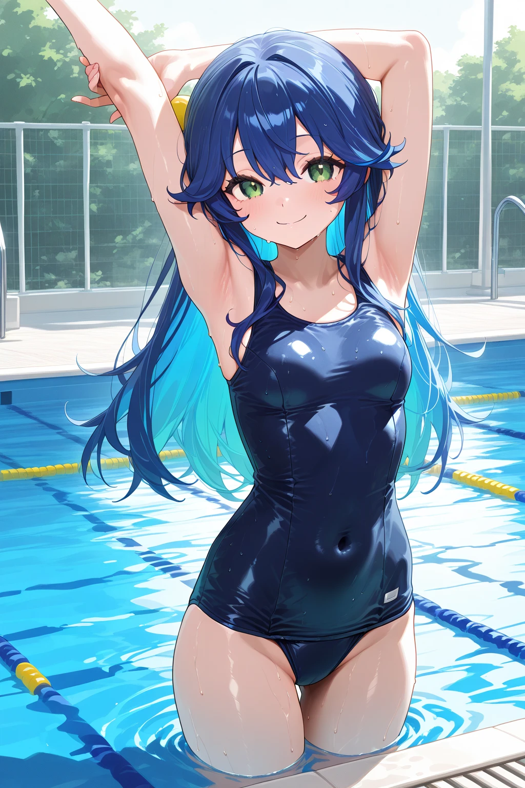 One girl, alone, View your viewers,
Ononoki Yotsugi, Aqua Hair, short hair, Green Eyes, Twin tails, Thick eyebrows, White competition swimsuit,  Cowboy Shot,
Put your arms behind your back, 
Expressionless, Mouth closed, pool