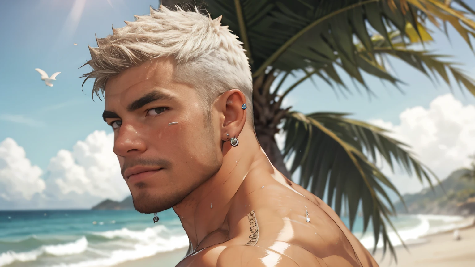 wide frame shot, side view, Best Quality, Detailed, masterpiece, young freshmen, 1boy, solo, (((nipple piercings))), (((septum piercing))), sweat, Beach, Ombre colour Hair red to white