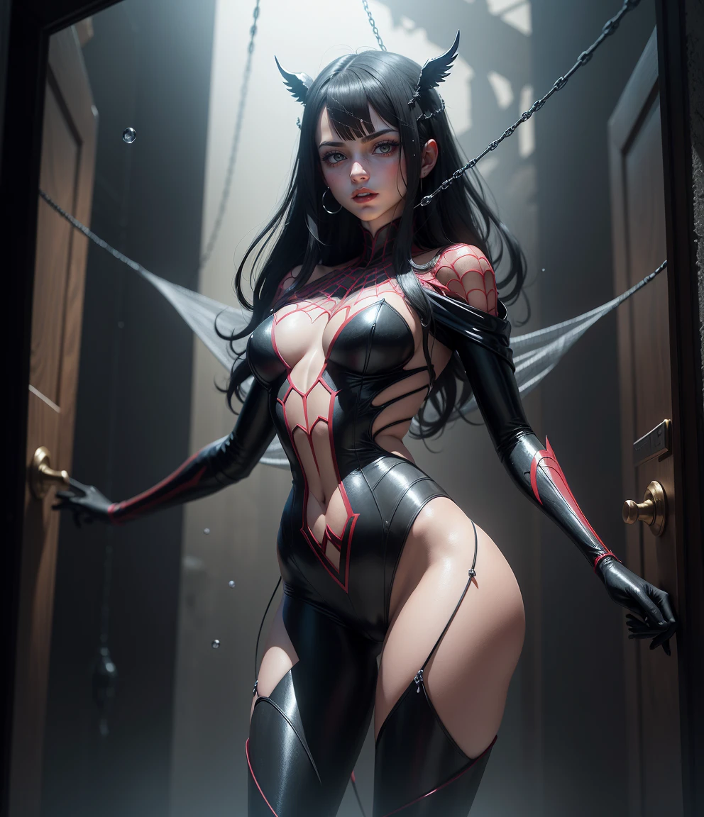 Symbiote, Venom, 1 Girl, Masterpiece, High Resolution, Beautiful Face, Darkness, Takeover, Emphasizes the Beauty of Lines, Profoundly Presents Intricate Senses, Variable Change of Background Style, Tights, Horror, Living Creatures, Two-dimensional, Spider's Lair --auto --s2