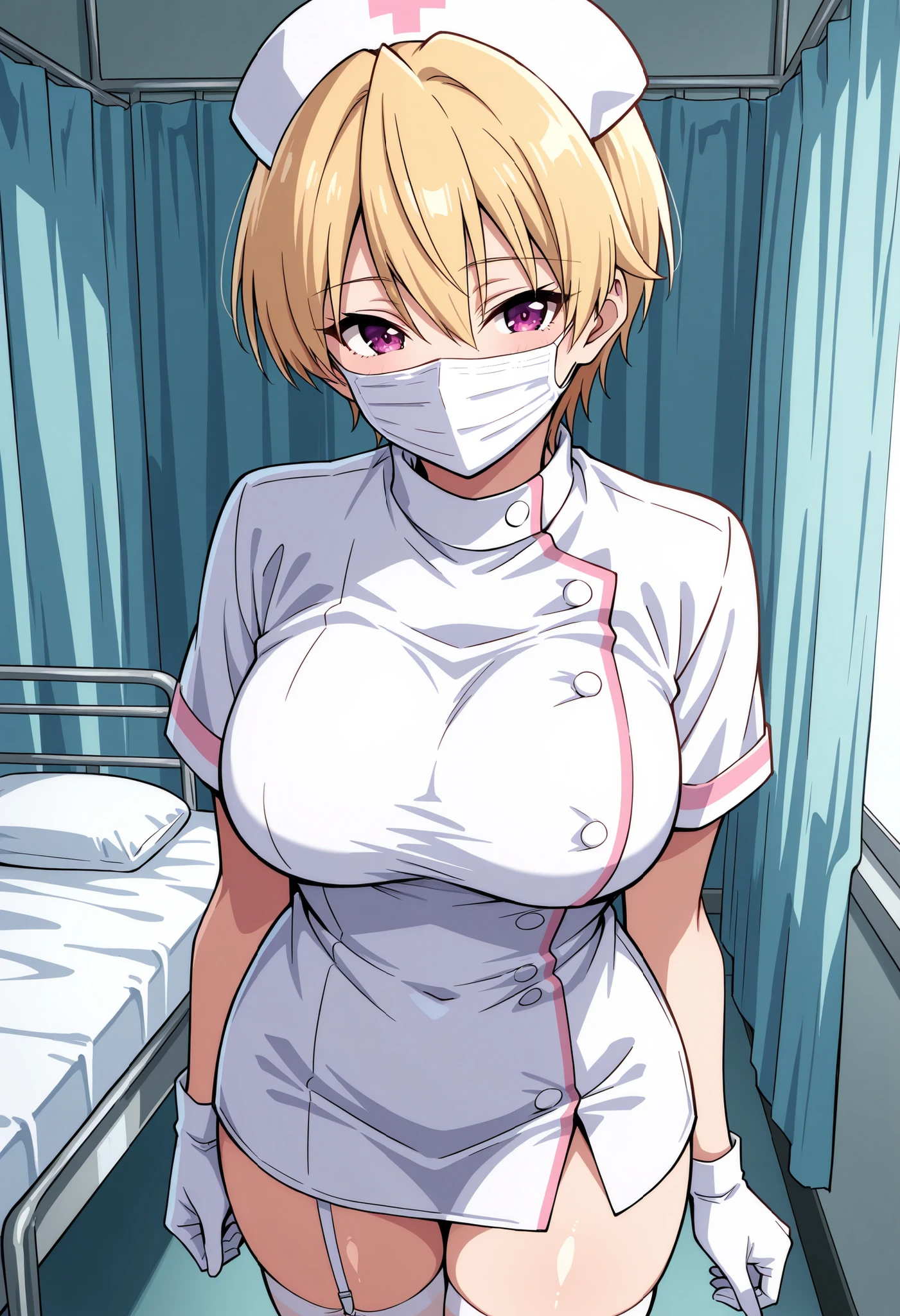 Score_9, score_8_up, score_7_up, source_anime, Haruki Azuma, solo, short hair, blonde hair, shiny hair, hair between eyes, bangs, purple eyes, large breasts, (best quality), (high quality), {masterpiece}, extremely delicate and beautiful, ultra-detailed, beautiful detailed eyes, nurse, nurse hat, ((white nurse's outfit)), white gloves, white thighhighs, hospital room, ((white mask, mouth mask, covered nose)), standing