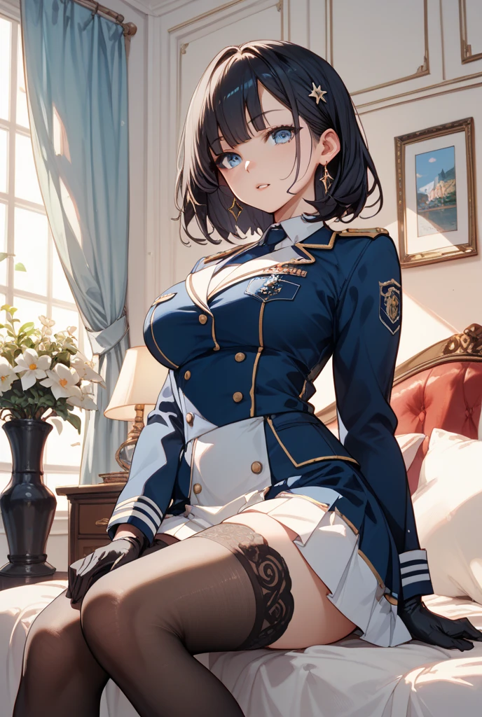 a woman, drooping eyes, realistic skin, tiny earrings, clerk uniform, thigh-high stocking, showing off her various-pattern-panties, pubic-hair is showing from panties, corridor in the mall, open legs,