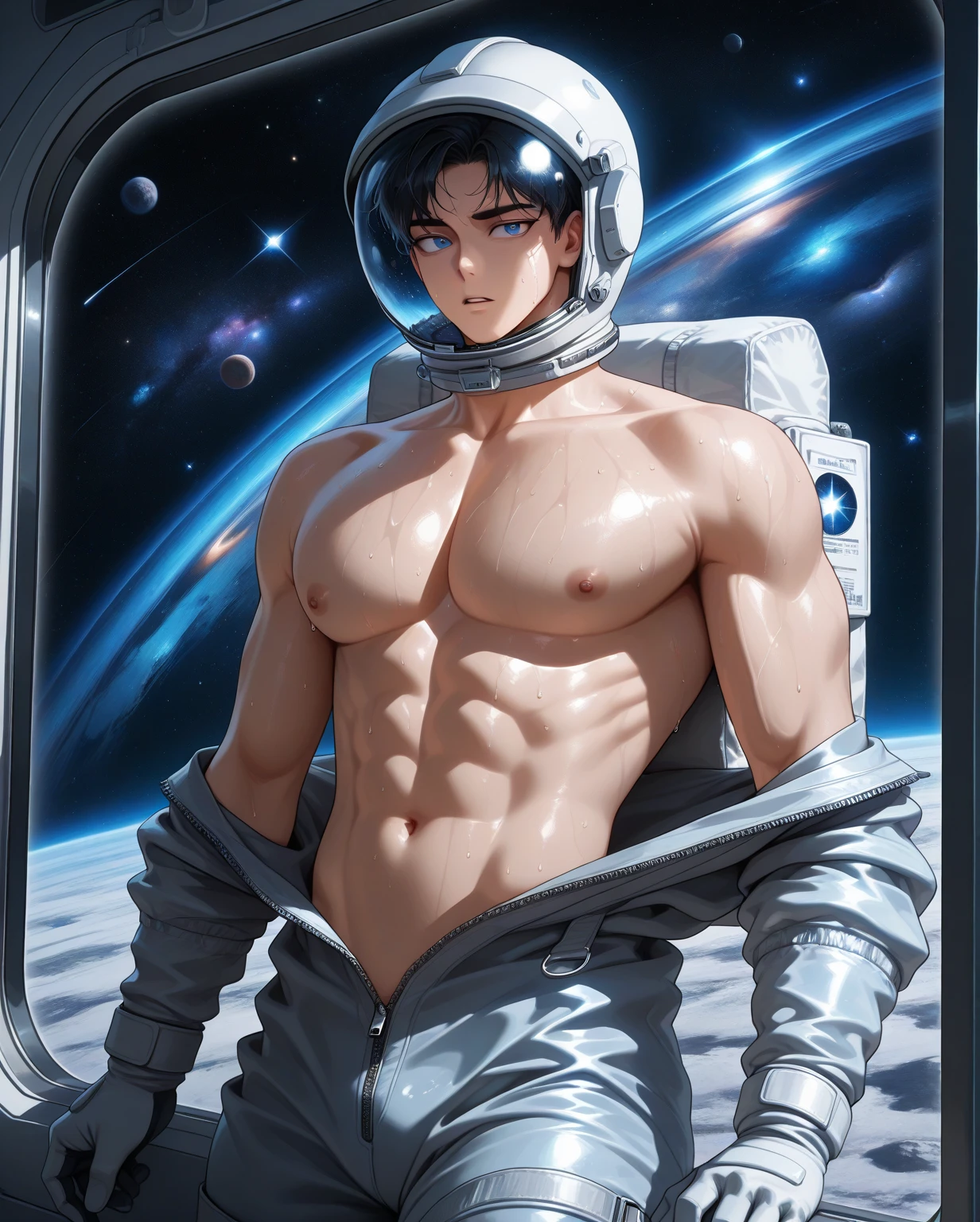 view from aside 1 young latino man, standing hands up in a starship in the space , shirtless, pantless, barefoot smiling, relaxed gaze, view from behind ((fullbody )) oil painting by henry scott tuke, aquin sorolla, roberto ferri blended style Ultra-detailed illustration, fullbody, cinematic, soft colors, mate efects, volumetric ligthing, rule of thirds, thin face, straight nose, thin lips, square chin, large black eyes, short black, wavy hair, in roberto ferri style, aesthetic slim athletic body, very tall, latino, realistic skin, gorgeous, realistic detailed tonned muscles, barefoot, naked perfect anatomy, muscled fitness body, 195cm tall, realistic skin, skinny realistic detailed muscles, he is standing hands up in starship, wearing brown loin clothes, relaxed body lenguaje, relaxed face expresion in the background starship with large windows to see the stars, fullmoon, the sun, neptun, jupiter, comet, blue and golden floor