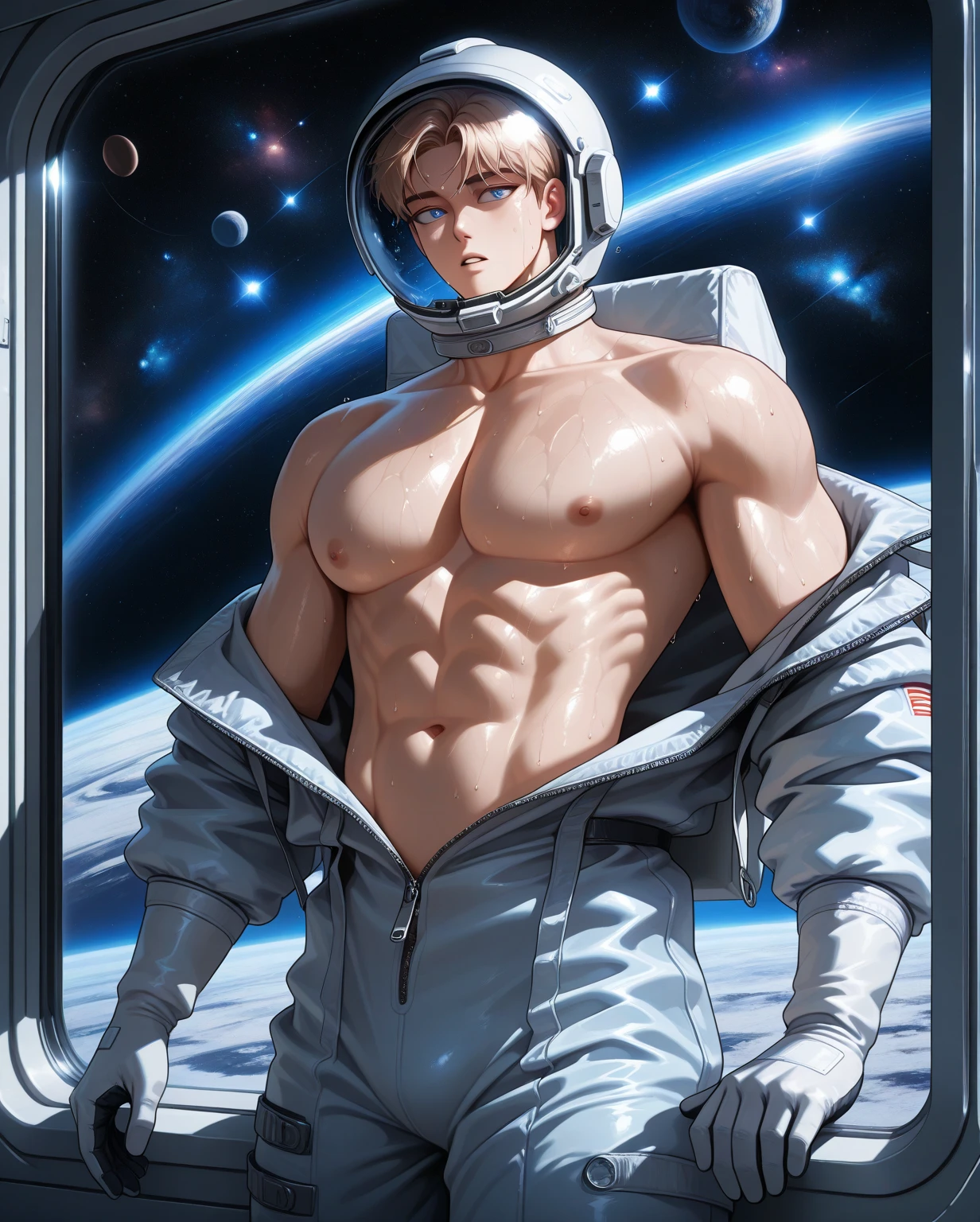 male pilot, (standing close to space battleship), mars landscape, elegant, wearing spacesuit, tight clothes, open clothes, unzipped, blush, masterpiece, best quality, detailed background, depth of field, intricate details, (muscular), (large pectorals), (puffy nipples)