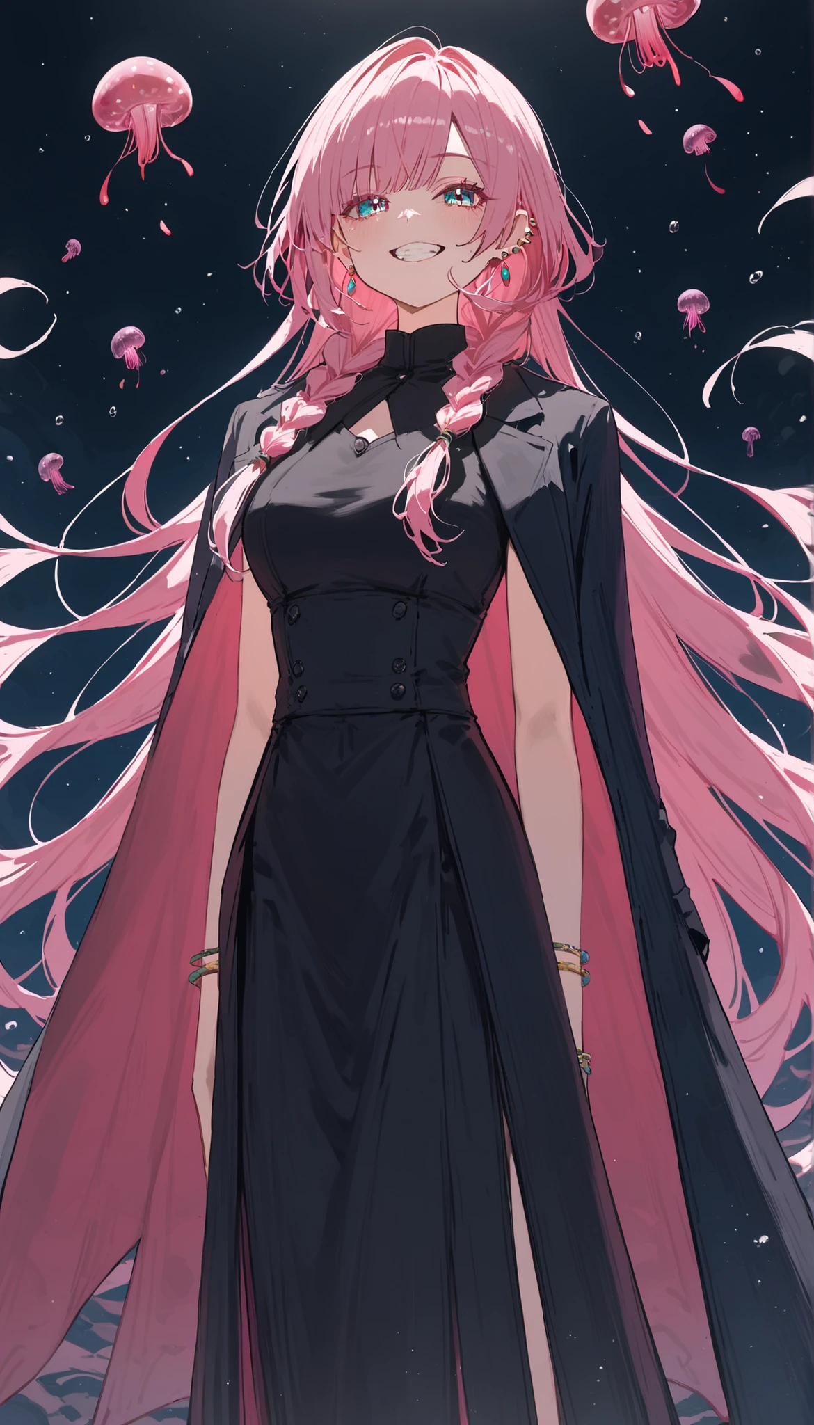 girl, Pink Hair,Blue Eyes,slim,medium face,long hair,piercing ears, Sleeveless Top,Long dress ,cloak,Hole Punch Kit,Black suit,Coat,milf, Vest ,Black Shirt, Black-shouldered blazer ,The devil, black sclera,Over kill,Asymmetric, jellyfish-hair ,Braided hair, hands stained with blood ,smile,Grit your teeth
