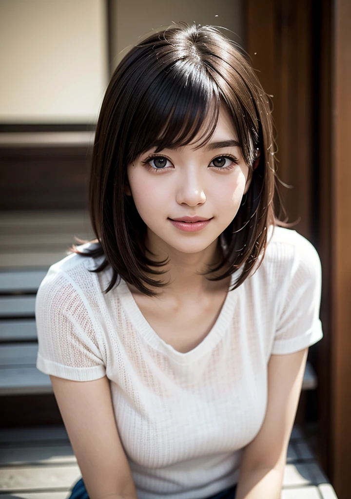 RAW Photos、masterpiece、Highest quality、photorealistic、Ultra high definition、High resolution、16K wallpaper、Super detailed、Fine details、Cinema lighting、In front of the white wall of a stylish white hotel room with the morning sun shining in、On the bed、18-year-old female、Realistic Skin、((Dark Eyes))、A shy smile、(Medium Short Hair)、Grey T-shirt、Yoshitomo Nara, shikamimi, Chiho, mayuri shiina, A real young gravure idol, beast, , Kotegawa Yui, 8k、narumi kakinouchi