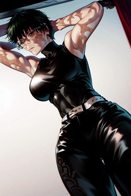 Most of Maki&#39;s body was covered in scars from severe burns., which stretched along the sides of the face and both arms. Her hair now only reaches her ears. hands remained open. Now she wears a sleeveless black turtleneck and a trench coat, secured with two school brooches on each side. Turtleneck tucked into black trousers, a large brown belt with a gold buckle is tied around the waist. glasses, which she wore with this outfit, were round, but Maki&#39;s right eye was covered with bandages due to burns. looks at the camera, cracked glasses, green eyes, glowing eyes, Wind, portrait, in the middle, short hair, Best quality, Good quality, beautiful consecration, broken picture, fragments
