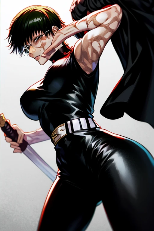 Most of Maki&#39;s body was covered in scars from severe burns., which stretched along the sides of the face and both arms. Her hair now only reaches her ears. hands remained open. Now she wears a sleeveless black turtleneck and a trench coat, secured with two school brooches on each side. Turtleneck tucked into black trousers, a large brown belt with a gold buckle is tied around the waist. glasses, which she wore with this outfit, were round, but Maki&#39;s right eye was covered with bandages due to burns. looks at the camera, cracked glasses, green eyes, glowing eyes, Wind, portrait, in the middle, short hair, Best quality, Good quality, beautiful consecration, broken picture, fragments