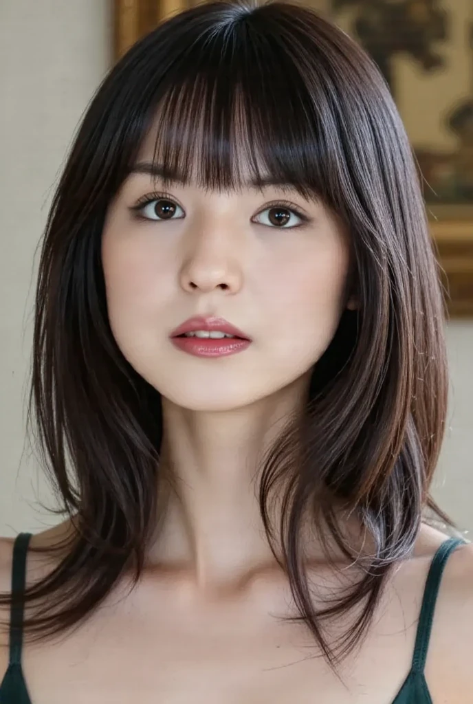 ((Highest quality, 8K, Portrait Photography: 1.3)), (Viewer Display), Photorealism,  Sharp focus, alone, beauty products,Medium Long Hair,Pearl Necklace、Pearl Earrings、 Accentuate your breasts, ((((Photograph the upper body)))),(V-neck sleeveless knit dress)，30 years old、Floral Background